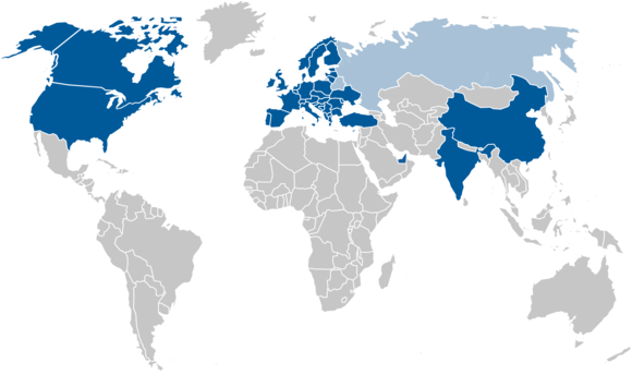 World map with coloured countries. The coloured countries mark cooperation markets of ift Rosenheim